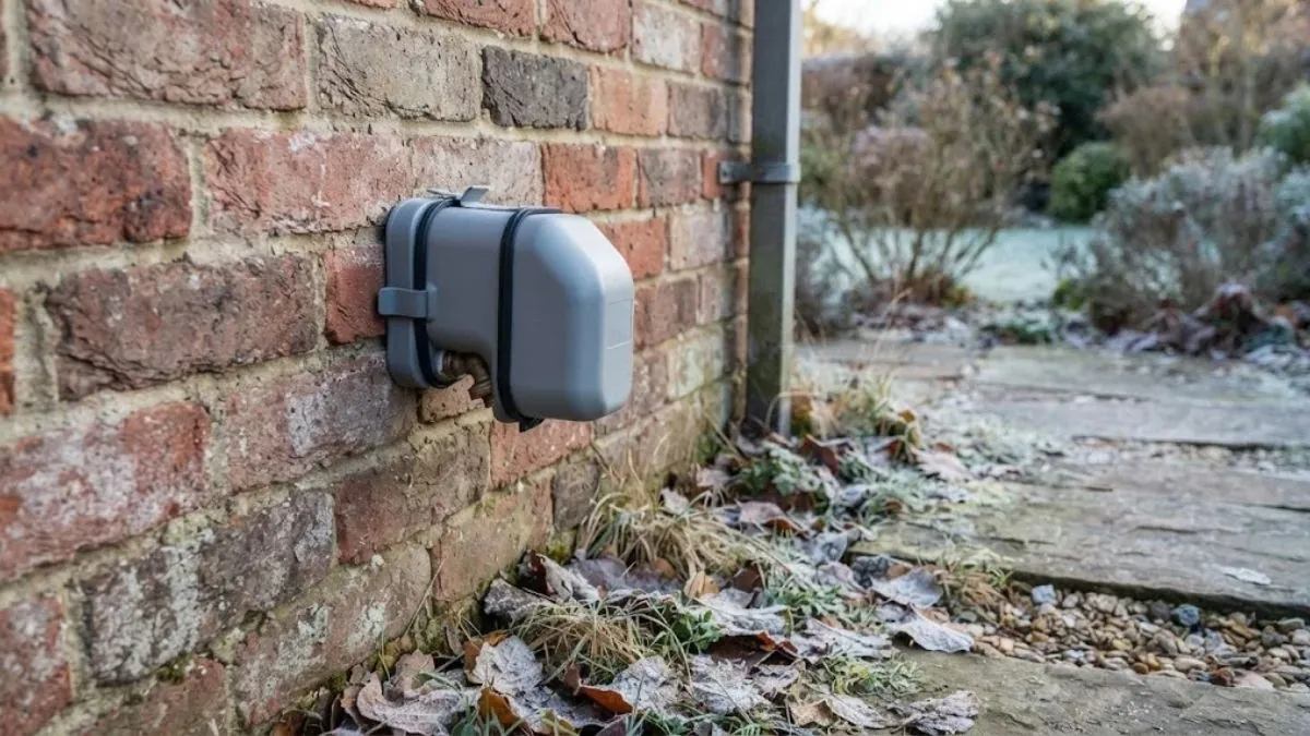 Insulated outdoor faucet cover on a brick wall in frosty weather