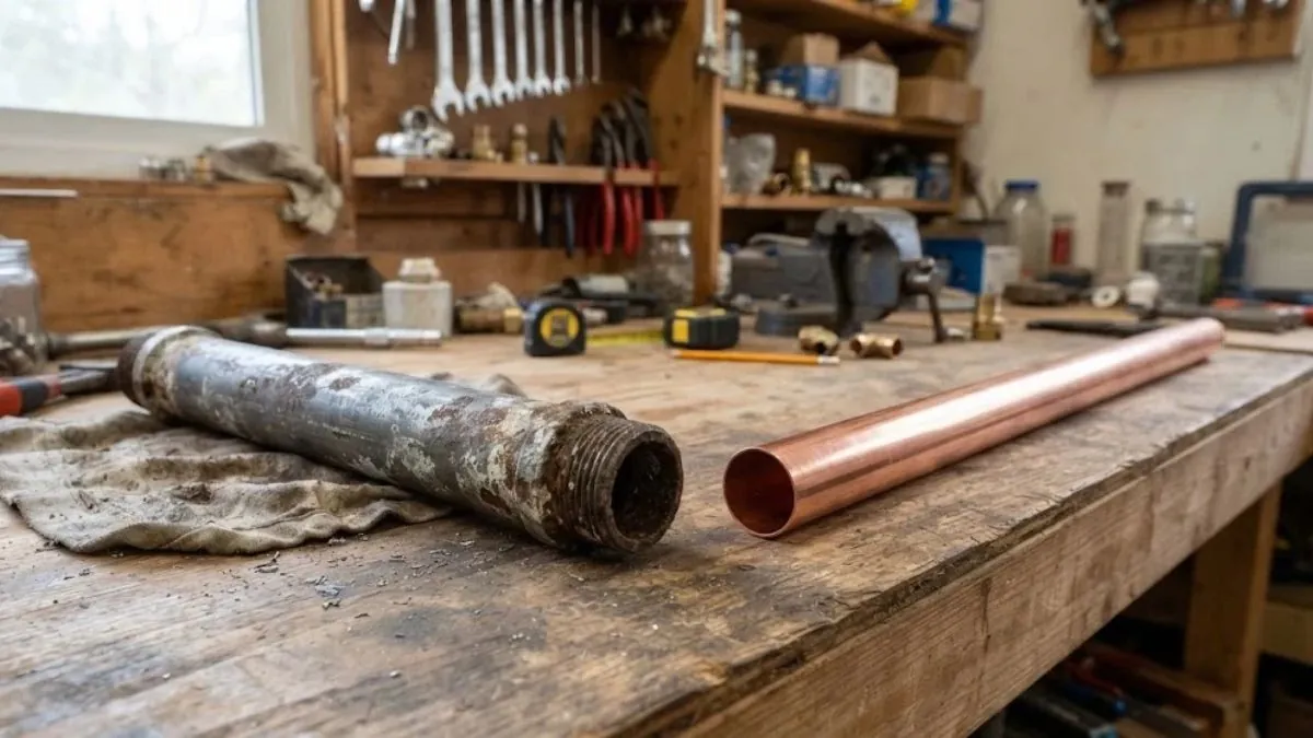Rusted galvanized pipe next to a new copper pipe