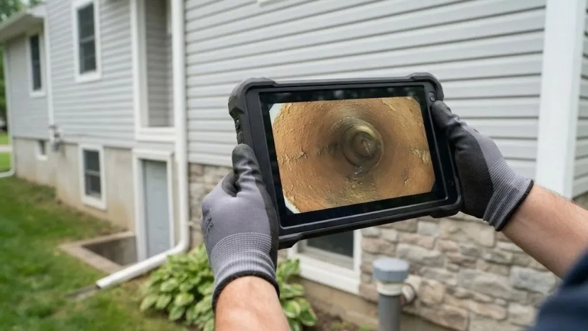 Inspection monitor showing the inside of a sewer pipe