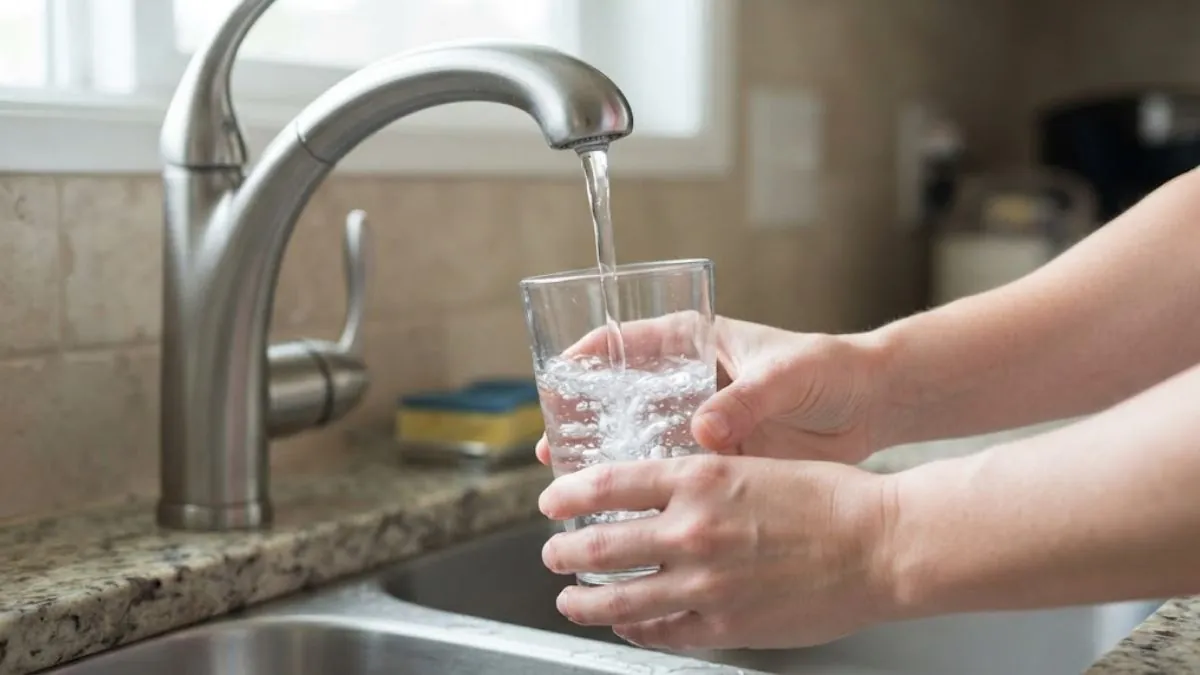 Glass filling with clear tap water at a kitchen faucet
