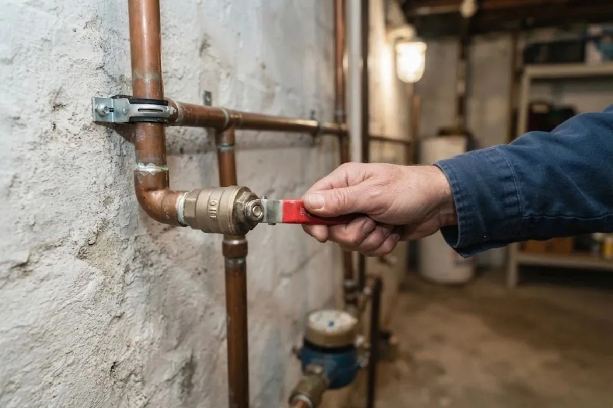 Hand closing the main water shutoff valve on a basement wall
