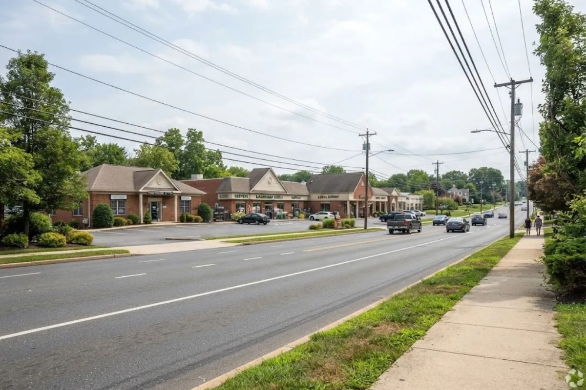 Suburban road lined with low brick commercial buildings and trees