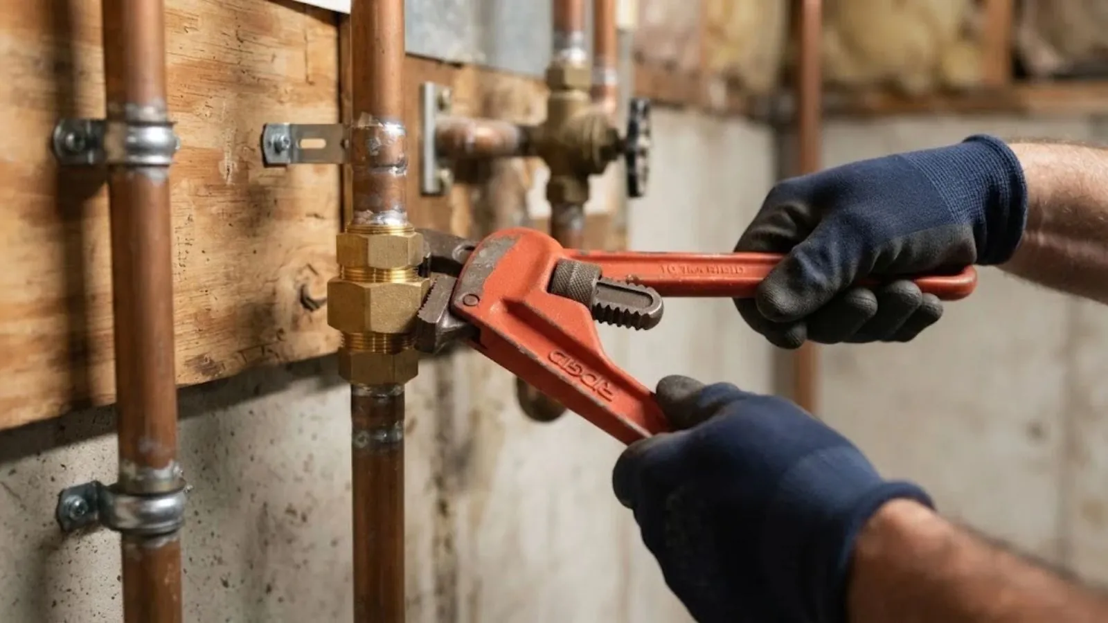 Pipe wrench tightening a brass fitting on copper supply pipe