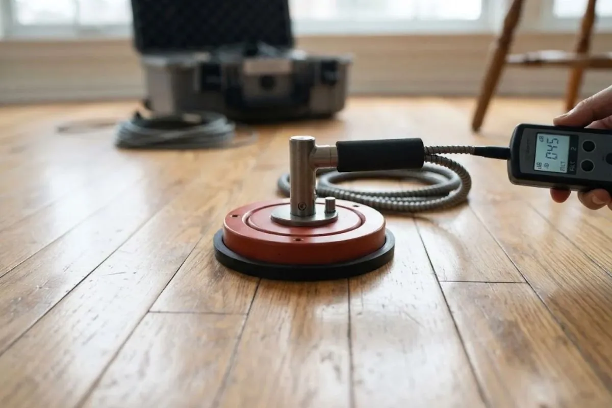 Acoustic leak detection device on a hardwood floor