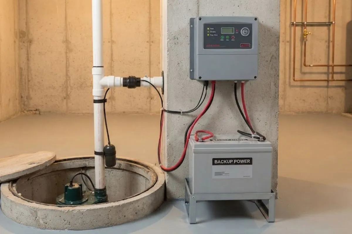 Battery backup sump pump system with a controller beside a sump pit