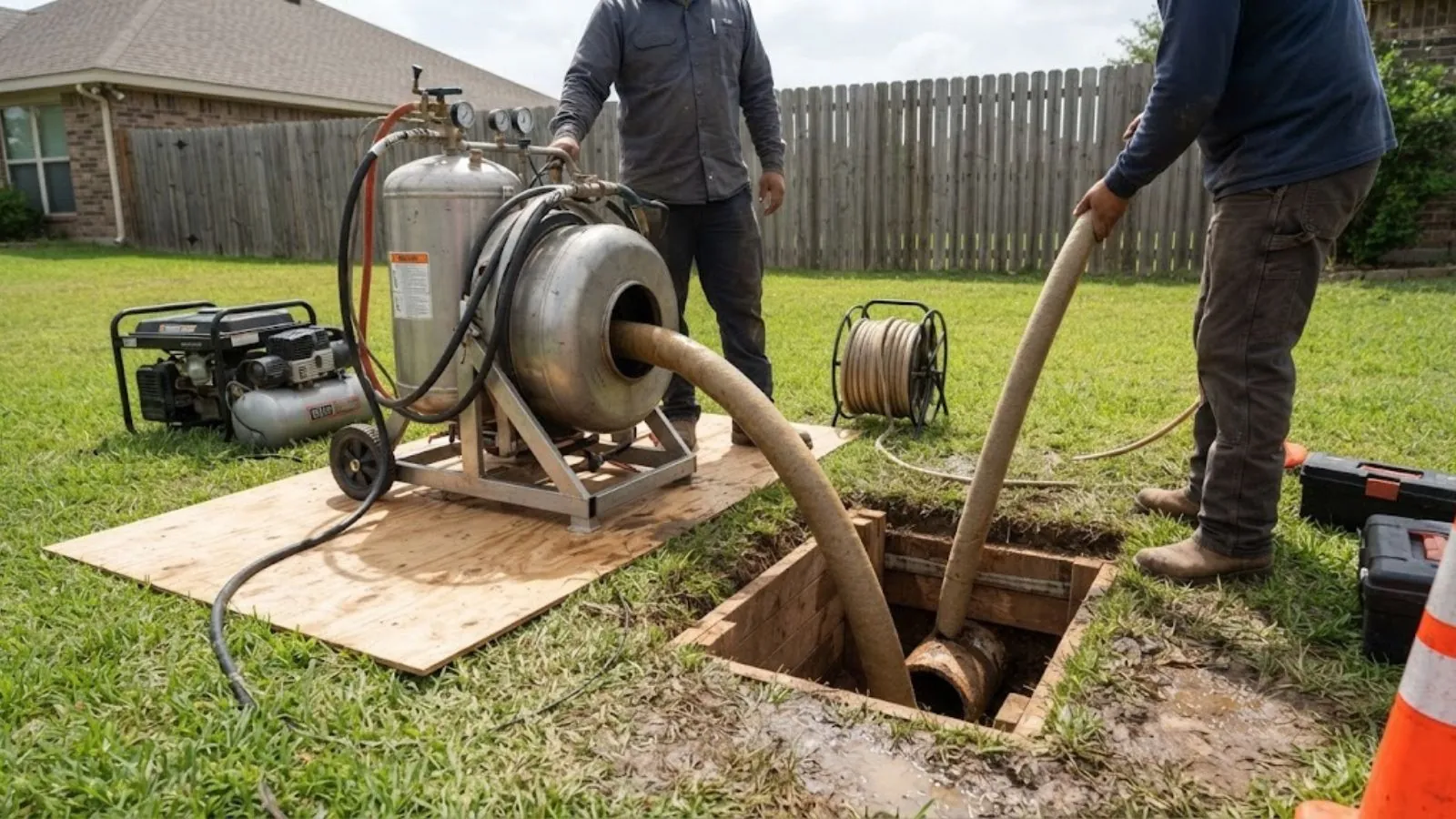 Pipe equipment and workers at an open access pit in a lawn