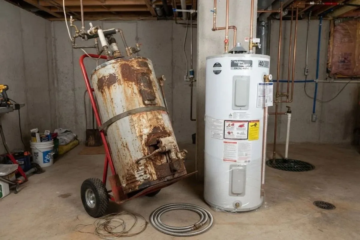 Old rusted water heater on a hand truck beside a new unit